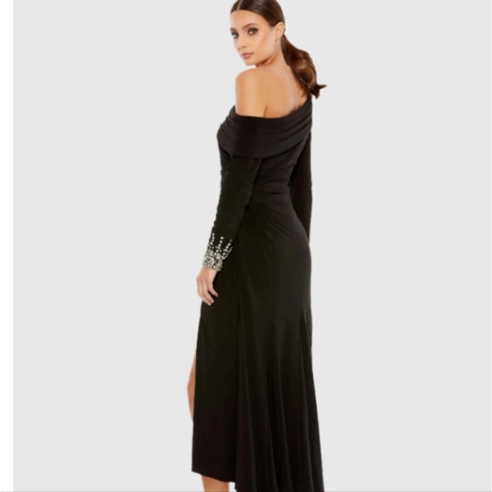 Mac Duggal Black Foldover Long Sleeve Jeweled Midi Dress SIZE 6 NWT Retail $258 - Picture 3 of 14